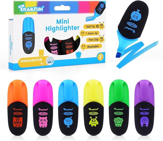 Pastel Highlighters Assorted Colors, Soft Chisel Tip Highlighter Marker Pens Smooth Writing No Bleed, Cute Markers Monster Design for Journaling Drawing, 6 Count– Back to School Supplies