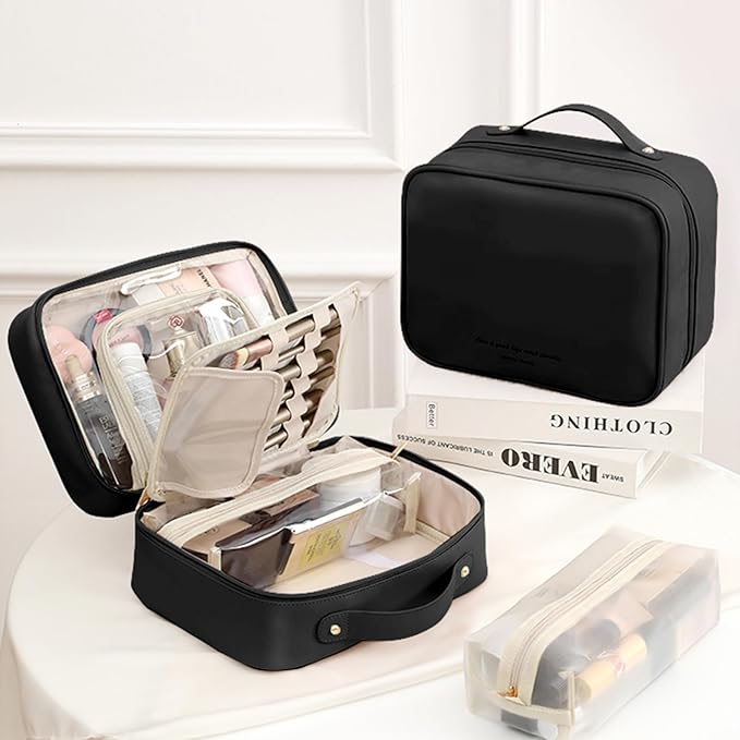 Travel Makeup Bag Large Capacity Cosmetic Organizer Waterproof Leather Toiletry Bag with Brush Holder and Handle Portable Cosmetic Storage Bag for Women Girls Gift - Black