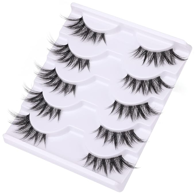Half Lashes Manga Natural Wispy 3/4 False Eyelashes Cat Eye Lashes Volume Clear Band False Lashes that Look Like Extensions Soft Handmade Reusable Lashes Pack