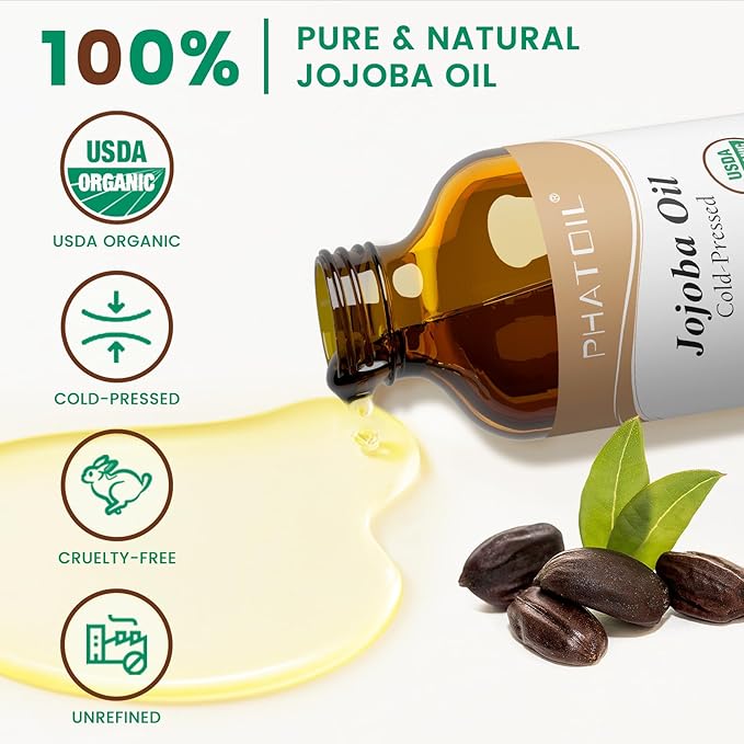 PHATOIL Jojoba Oil Organic Cold Pressed USDA Certified Premium Grade Jojoba Oil Deeply Moisturizing Carrier Oils for Skin, Body, Face, Nails and Hair Growth, Massage, Essential Oils Mixing(118ML)