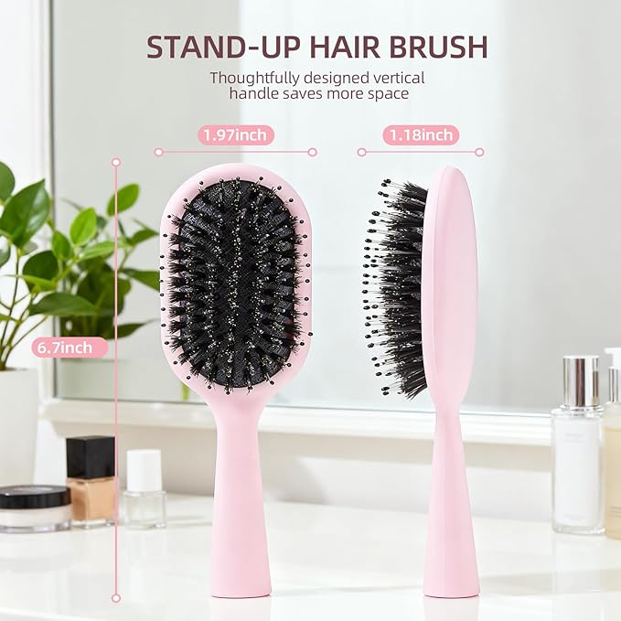 Boar Bristles Hair Brush for Women Men and Kids, Detangling Hair Brush for Smoothing Massage Add Shine, Nylon&Boar Bristles brush for Hair Healthy, Easy to Storage(Pink)
