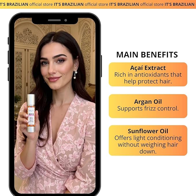 IT'S BRAZILIAN Magic Oil – Anti-Frizz Argan Oil Hair Serum, Weightless Shine & Smooth Feel – 1.7 fl oz – Moisturizes & Tames Flyaways – For All Hair Types