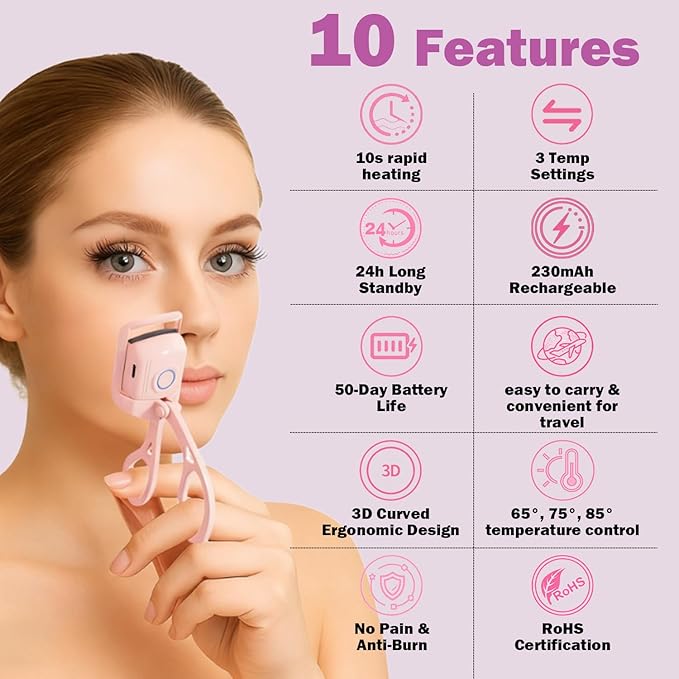 Heated Eyelash Curler, Rechargeable Electric Eyelash Curler, 3-Level Temperature Control, 24 Hour Long Lasting Curl, Suitable for All Beauty Enthusiasts