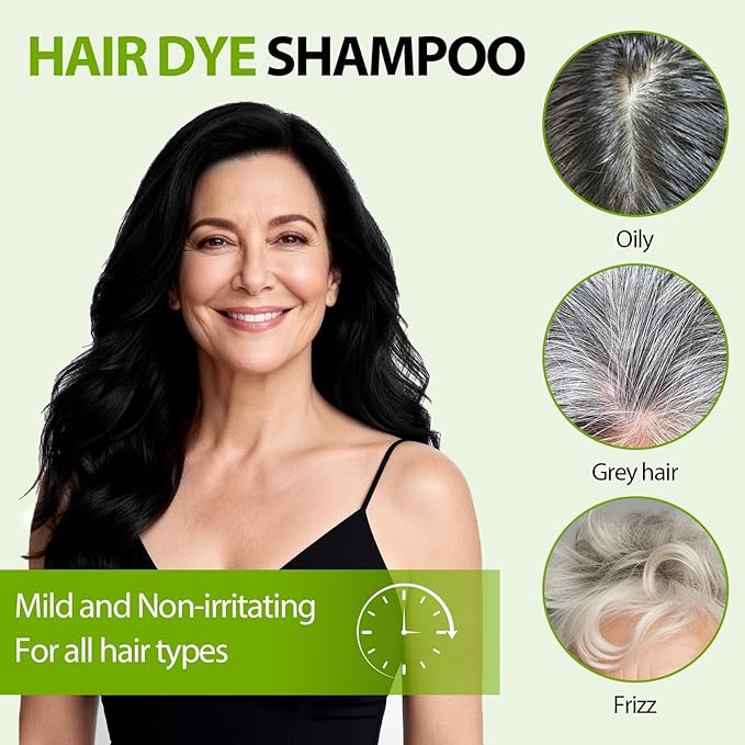 Black Hair Dye Shampoo for Women & Men, 5 Min Gray Coverage, 3 in 1 Semi-Permanent Color with Natural Herbal Ingredients