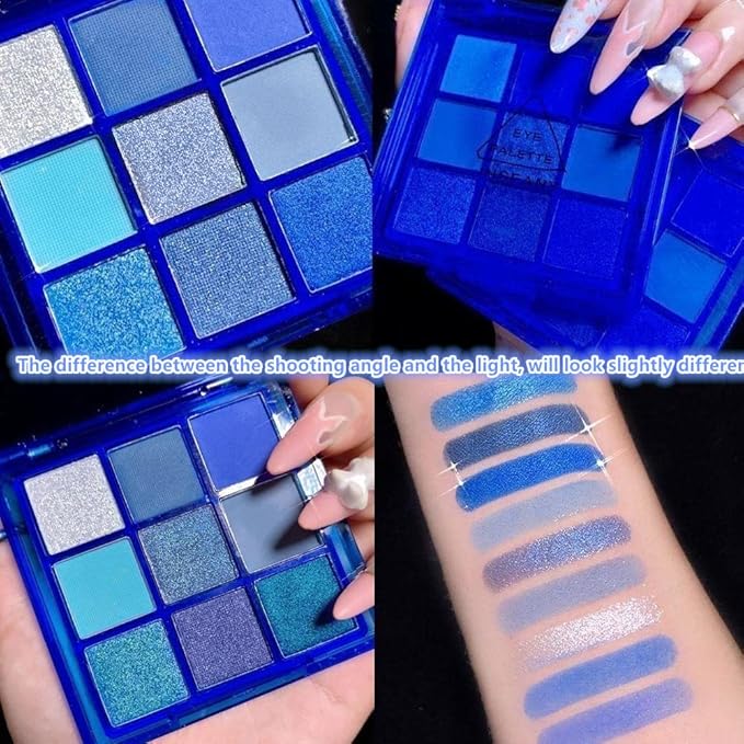 Go Ho 9 Style Blue Grey White Powder Makeup Eyeshadow Palette, Matte & Pearl Shimmer Design Waterproof Cool Blue Eye Eyeshadow Palette for Women & Girls
