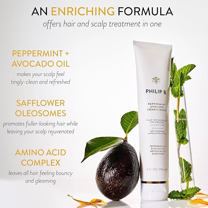 PHILIP B. Peppermint Avocado Conditioner 6oz + Peppermint Avocado Shampoo 2oz Set - Volumizing & Clarifying, Oil and Eucalyptus Invigorates the Scalp With a Tingly Sensation