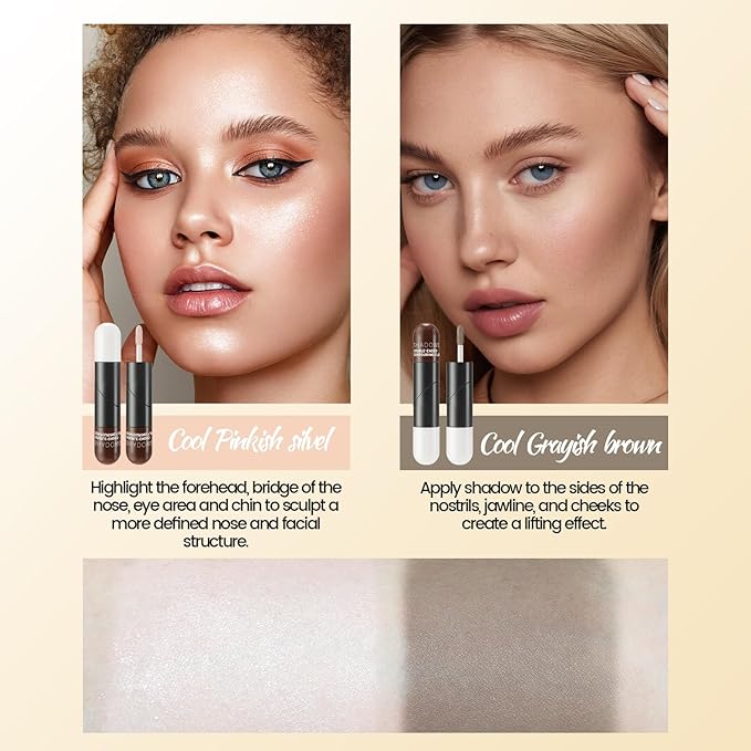 Noerrors 2-in-1 Shimmer Highlighter & Cool Toned liquid Contour Makeup Stick for Face Shaping, Long Wear Waterproof Blendable Lightweight Grey Cream Bronzer & Highlight for Pale Fair Light Olive Skin