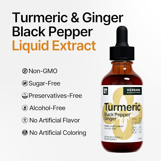 Turmeric 3-in-1 Liquid Extract - Curcumin & Ginger, Black Pepper - Natural Herbal Supplement - Immune and Brain Booster Tincture (2 FL OZ)