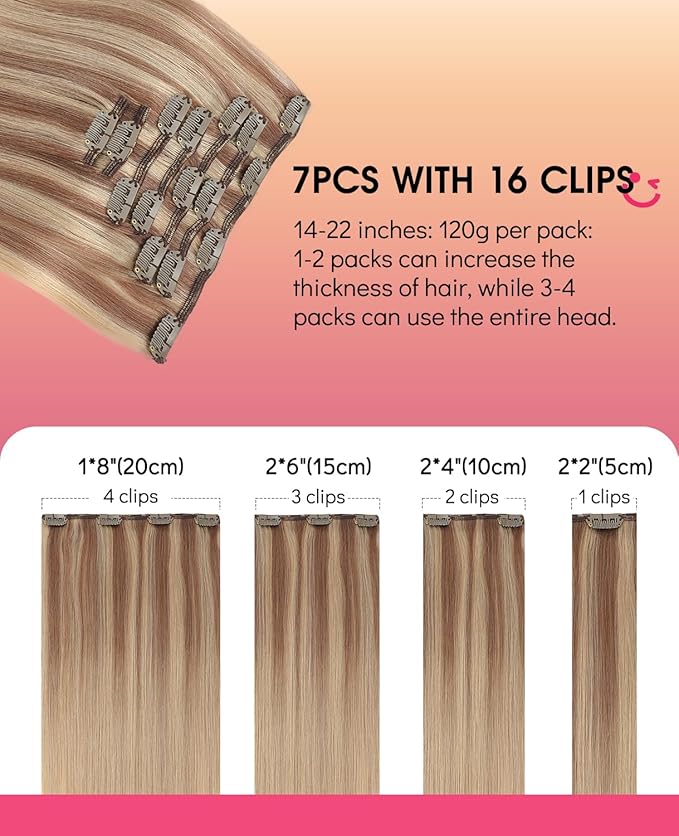 Youngsmile Human Hair Extensions Clip in,Remy Clip in Hair Extensions Human Hair Balayage Ash Brown to Caramel Blonde 20 Inch 120g 7pcs Soft Straight Thick (CLIP#10/27/27-20inch)