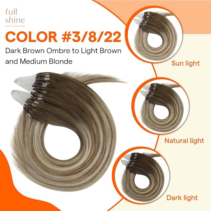 Full Shine Micro Beads Hair Extensions 20 Inch Natural Long Human Hair Balayage Color 3 Brown Fading to 8 Ash Blonde and 22 Honey Blonde Micro Link Extensions 50 Grams