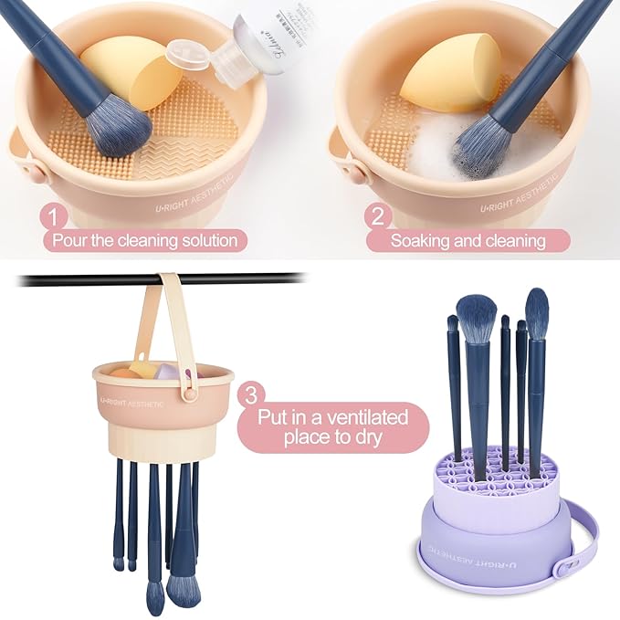 Makeup Brush Cleaner Mat 3 in 1 Silicone Makeup Brush Cleaner Bowl Cosmetic Brushes Cleaning Tool Makeup Cleaner for Brushes (KHAKI)