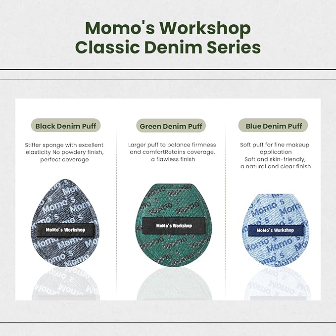Momo's Workshop 1Pack Denim Makeup Sponge, Black Rubycell for Full Coverage & Fast-Drying Foundation, Firm Bounce for Flawless Matte Finish
