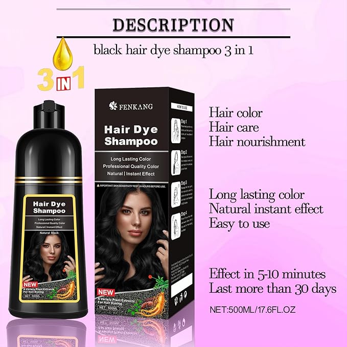 Black Hair Dye Shampoo Instant 3-in-1 for Gray Hair Coverage, Herbal Formula for Men & Women - Colors in 10-15 Minutes, Champu Para Canas 500ml