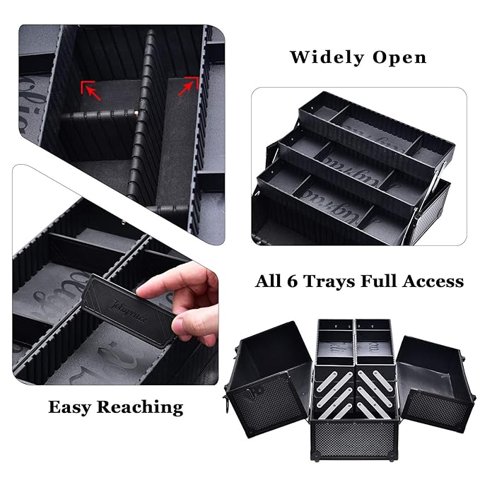 Joligrace Makeup Train Case Professional Adjustable - 6 Trays Cosmetic Cases Makeup Storage Organizer Box with Lock and Compartments 14 Inch Large Black