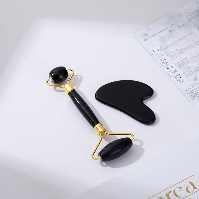 Yssarea Obsidian Roller and Gua Sha - Face Roller | 100% Natural Obsidian Stone Set | Dual Sided Face Massager | Reduces Signs of Aging