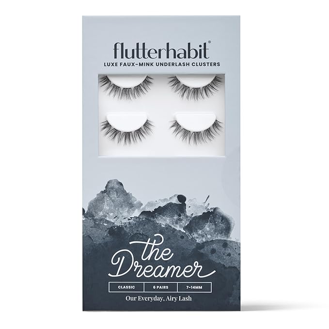 FlutterHabit The Dreamer Lash Starter Set, Underlash Extension Kit for Beginners, 6 Lightweight Faux Mink Clusters in 7 to 14 mm Doll Eye Style, Reusable DIY Cluster Lashes, Adhesive Sold Separately