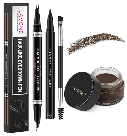LAVONE Hair-Like Eyebrow Pen Makeup kit, Eyebrow Pencils for Women with Waterproof Microblading Eyebrow Pencil, Eyebrow Pomade, Eyeliner and Eyebrow Brush, Create Full, Natural Brows, Dark Brunette