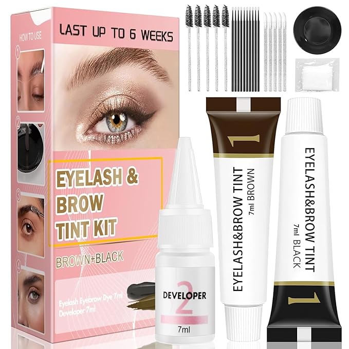Eyelash & Eyebrow Color Kit,2 in 1 Professional Lash & Brow Color Kit Lash Color Kit with Brush Long Last Effect Up to 6 weeks,Natural,Safe & Easy Natural Brows Color DIY at Home (Black and Brown)