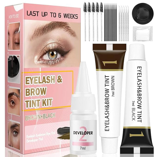 Eyelash & Eyebrow Color Kit,2 in 1 Professional Lash & Brow Color Kit Lash Color Kit with Brush Long Last Effect Up to 6 weeks,Natural,Safe & Easy Natural Brows Color DIY at Home (Black and Brown)