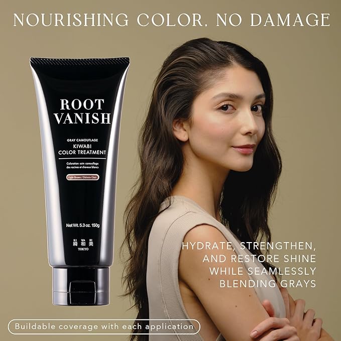 KIWABI Root Vanish Color Treatment in Light Brown Instantly Camouflages Gray Roots and Hair with Natural Anti-Aging Botanicals (150g, Paraben Free, Gray)