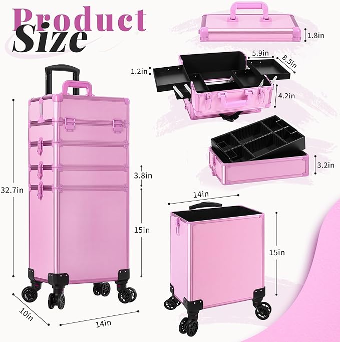 Profesional Rolling Makeup Train Case with Lid, 5 in 1 Cosmetology Case on Wheels, Large Cosmetic Trolley Organizer Travel for Hairstylist Artist Nail Beauty Salon Barber, Pink