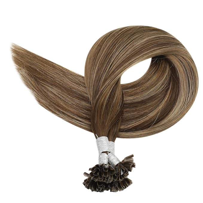 Full Shine U Tip Hair Extensions Human Hair Medium Brown Ombre to Brown and Honey Blonde 14 Inch Remy Hair Prebonded Fusion Extensions 40 Grams Ktip Human Hair Extensions