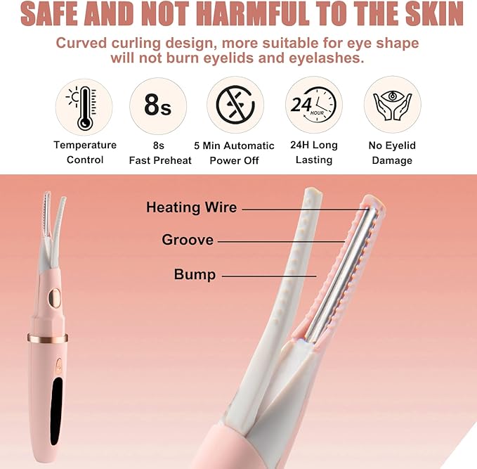 Heated Eyelash Curler - 2 in 1 Clip-Type, LED Display, 3 Temp Settings, USB Rechargeable, Natural Curling, 24H Long Lasting - Pink