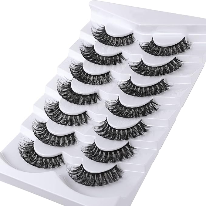 Russian Strip Lashes False Eyelashes Cat Eye Lashes Faux Mink Lashes Natural Look Fake Eyelashes Fluffy Wispy Lashes That Look Like Extensions Pestañas Postizas D Curl Lash Strips 7 Pairs Pack