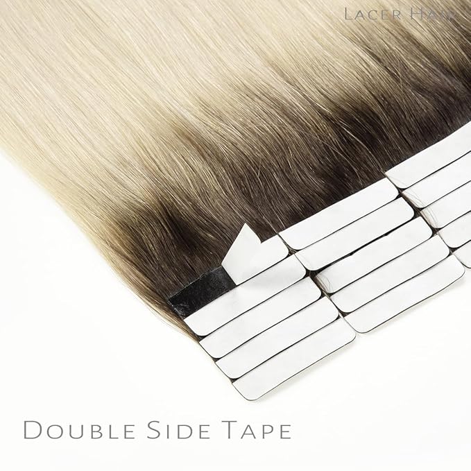 Lacer Invisible Tape in Hair Extensions Human Hair Darkest Brown Roots to Platinum Blonde Color Seamless PU Skin Weft Hair Extensions Real Human Hair Tape in Double Side 100g 40pcs/set 18 Inch