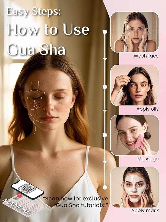 Rena Chris Gua Sha Facial Tools, Rose Quartz Guasha Tool for Acupuncture, Manual Massage Tool for Jawline Sculpting and Puffiness Reducing, Gua Sha Facial Massage Tool, Skin-Care Gift