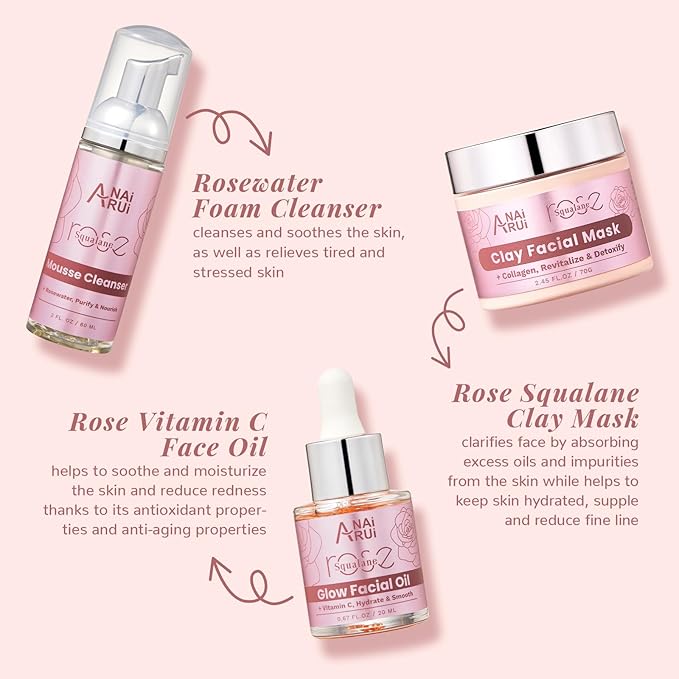 ANAiRUi Rose Skincare Gift Set, Christmas Gift for Women, Facial Skincare Kit for Women, Rose & Squalane Face wash and Moisturizer Set with Clay Mask, Face Cleanser and Facial Oil, Purify, Hydrate