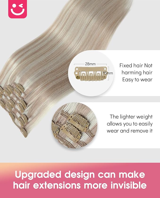 Youngsmile Human Hair Clip in Extensions Color 18 Ash Blonde mixed 1000 White Blond 14 Inch Clip in Real Human Hair Extensions Long Silk Straight Double Weft 120 Gram 7 Pcs (CLIP#18P1000-16Inch)