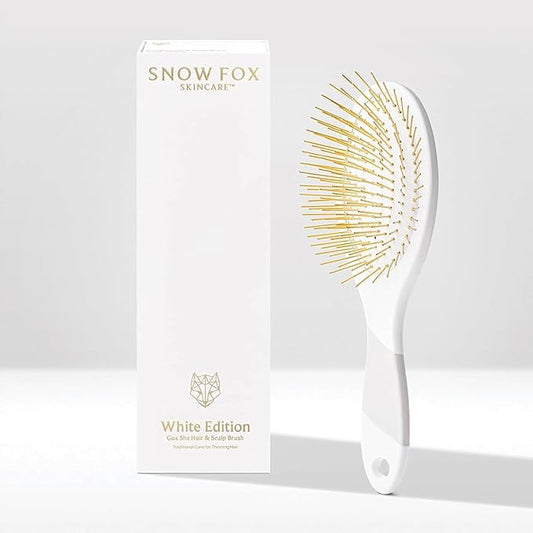Snow Fox Skincare Gua Sha Hair Brush - White Edition. Scalp Massage Comb with Gold-Plated Metal Bristles for Healthy Follicles. Soothing Gua Sha Acupressure Tool for All Hair Types