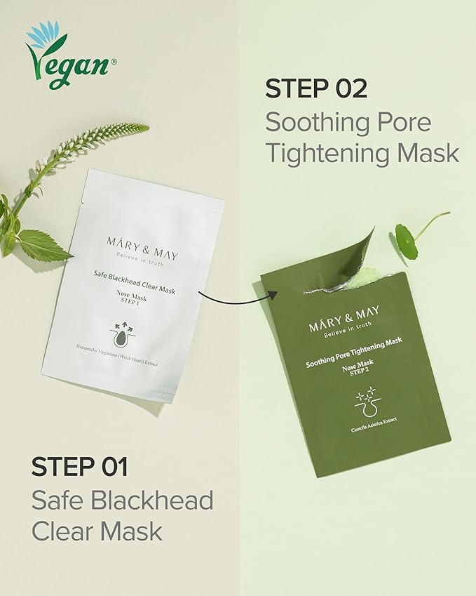 Mary&May Daily Safe Blackhead Clear Nose Mask - 2-Step Deep Pore Cleansing, Soothing and Tightening - Instant Pore Unclogging Nose Strips - Oil Free, Non Comedogenic Use 10 Pack