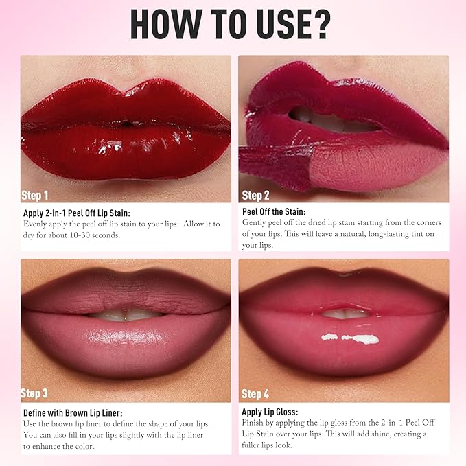 Peel Off Lip Stain & Brown Lip Liner, 2-in-1 Matte Lip Tint Stain Peel Off With Moisturizing Lip Gloss Long Lasting Lip Combo Highly Pigmented Color Lip Liner Pencil Non-Stick Cup Easily Apply