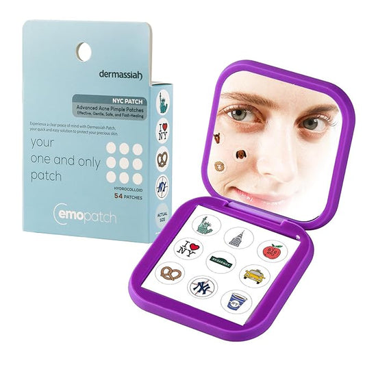 Acne Pimple Patches for Face 54 Count with Mirror Case for Day & Night Use - Hydrocolloid Pimple Pads, Emoji-Themed Blemish Dots, Clear Skin Treatment (New York)