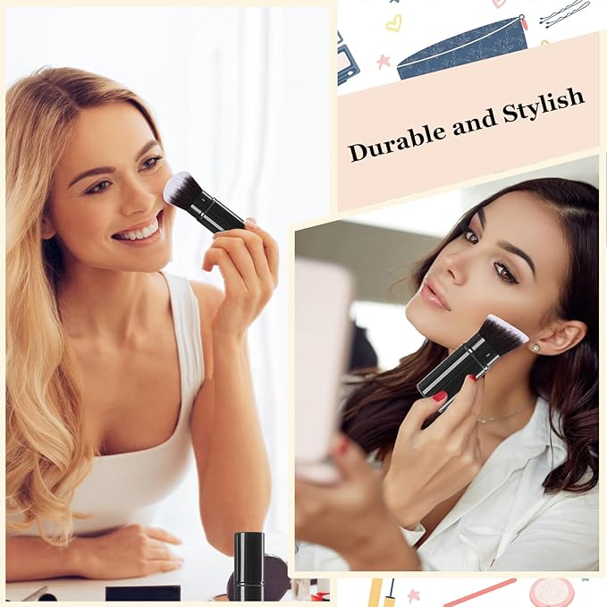 Retractable Kabuki Makeup Brush, 2 Pack Travel Angled Powder Foundation Blush Brush Set for Blending Liquid, Bronzer, Buffing, Concealer, Blush, Highlighter, Flawless Cosmetics