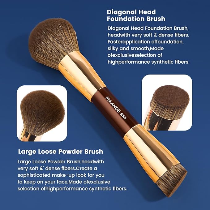 MAANGE 20 PCS Foundation Makeup Brush Set, Double-ended Kabuki Contour Brush for Liquid Powder Concealer Blending Blush Makeup Tools (Coffee Gold)
