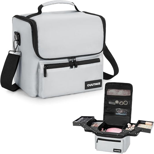 Makeup Travel Train Case, Black Makeup Carrying Organizer Bag, 4 Tier Professional Organizer Case with Straps Pockets for Make Up Nail Tools