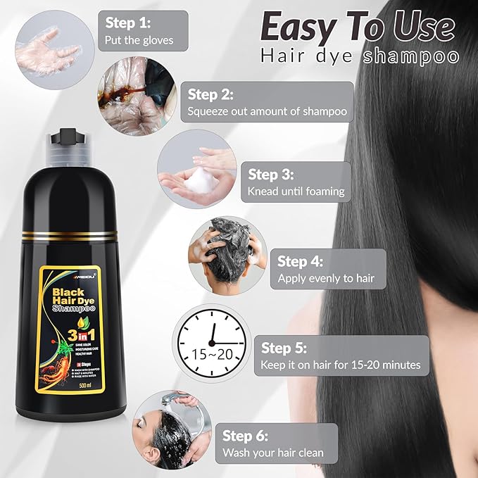 MEIDU Shampoo Shop Black Hair Dye Shampoo 3 in 1 for Gray Hair, Black Hair Dye for Women Men, Hair Color Herbal Ingredients Natural (500ml,16.9oz)