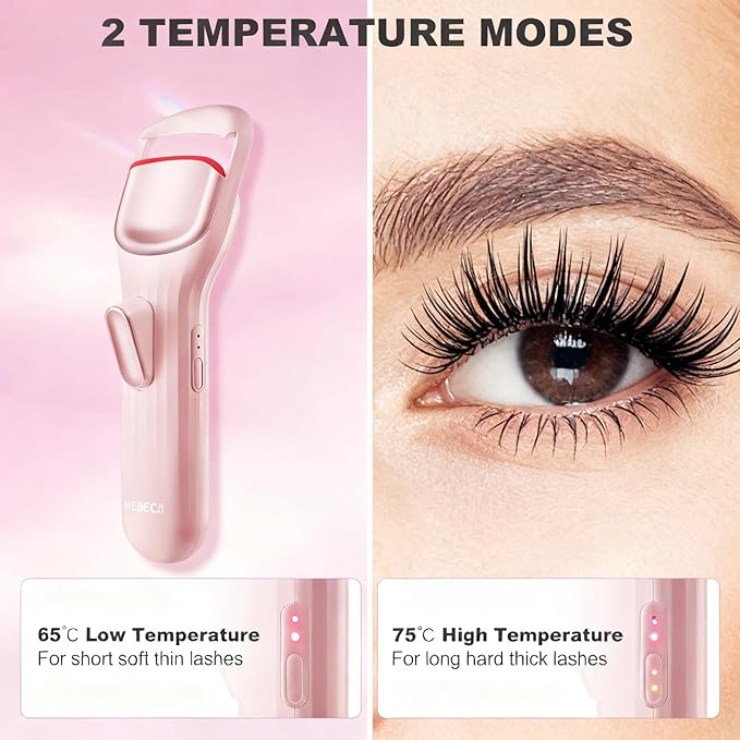 Heated Eyelash Curler, 8s Fast Heat Up, Dual Temperature Modes 149°F /167°F, Rechargeable 600mAh Battery, 24h Long Lasting, 1.5 Inch Wide Safe Silicone Pad Compact Travel Lash Curler Pink