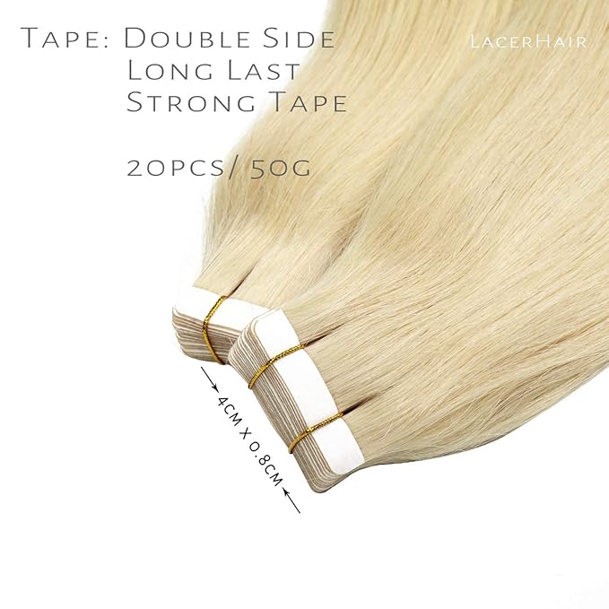 Lacer Tape in Hair Extension Human Hair Natural Dip Dyed Light Platinum Blonde Invisible PU Skin Weft 100% Human Hair Extensions Tape ins Double Sided Weft 50g 20pcs/set 16 Inch