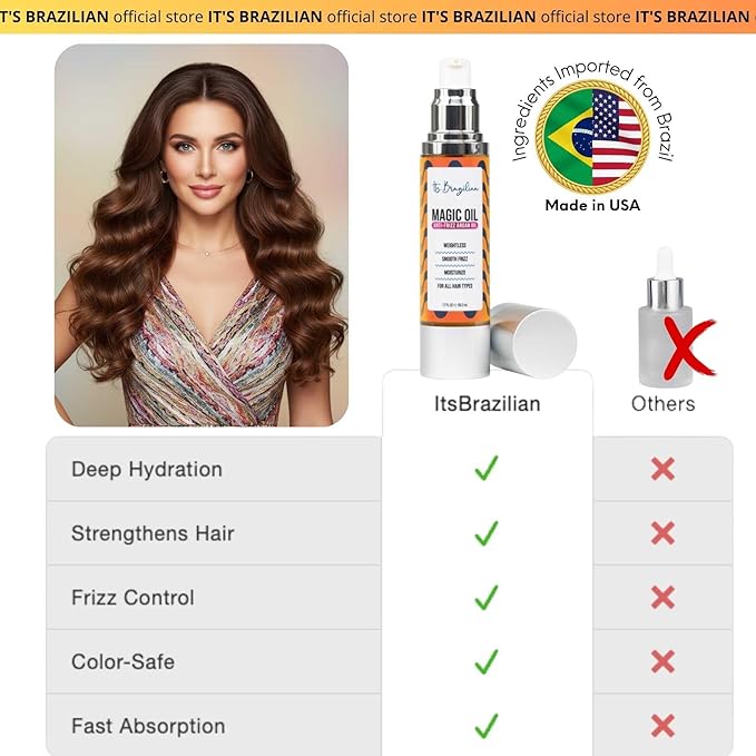IT'S BRAZILIAN Magic Oil – Anti-Frizz Argan Oil Hair Serum, Weightless Shine & Smooth Feel – 1.7 fl oz – Moisturizes & Tames Flyaways – For All Hair Types
