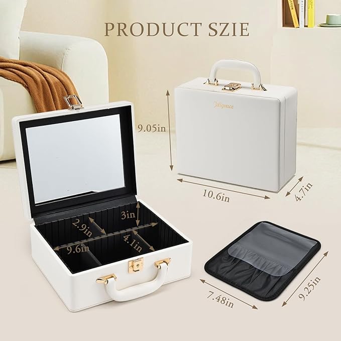 Joligrace Travel Makeup Case with Mirror,Travel Makeup Organizer Case, PU Leather Makeup Train Case Portable Makeup Box Storage Bag,with Adjustable Dividers & Brush Holder (Black)