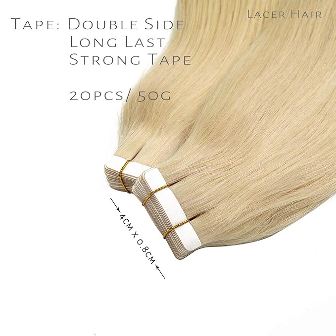 Lacer 22 Inch Hair Extensions Tape in Remy Human Hair Natural Platinum Blonde Color PU Skin Weft Double Side Real Human Hair Tape in Hair Extemsions 50g 20pcs/set