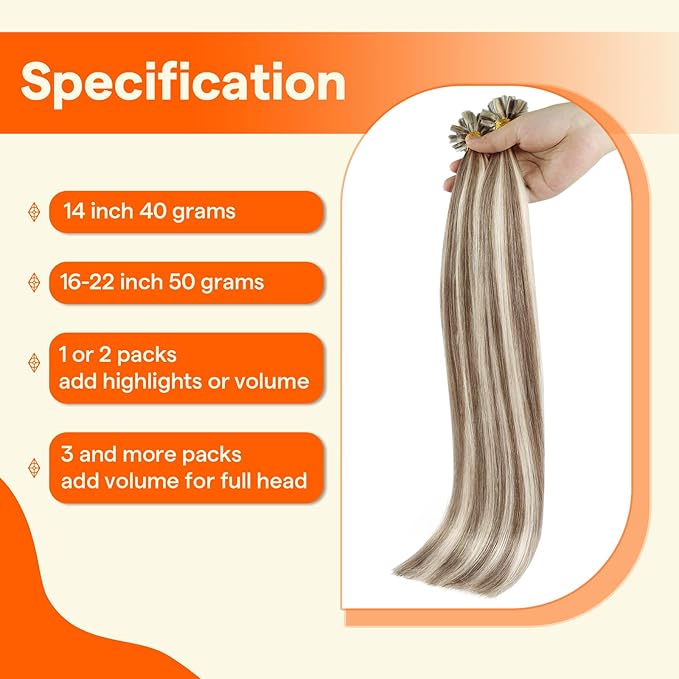 Full Shine Keratin Tip Hair Extensions Real Human Hair Ash Brown Highlight Blonde Utip Human Hair Extensions 20 Inch Long Natural Hair 50 Grams Remy Soft Hair for Women