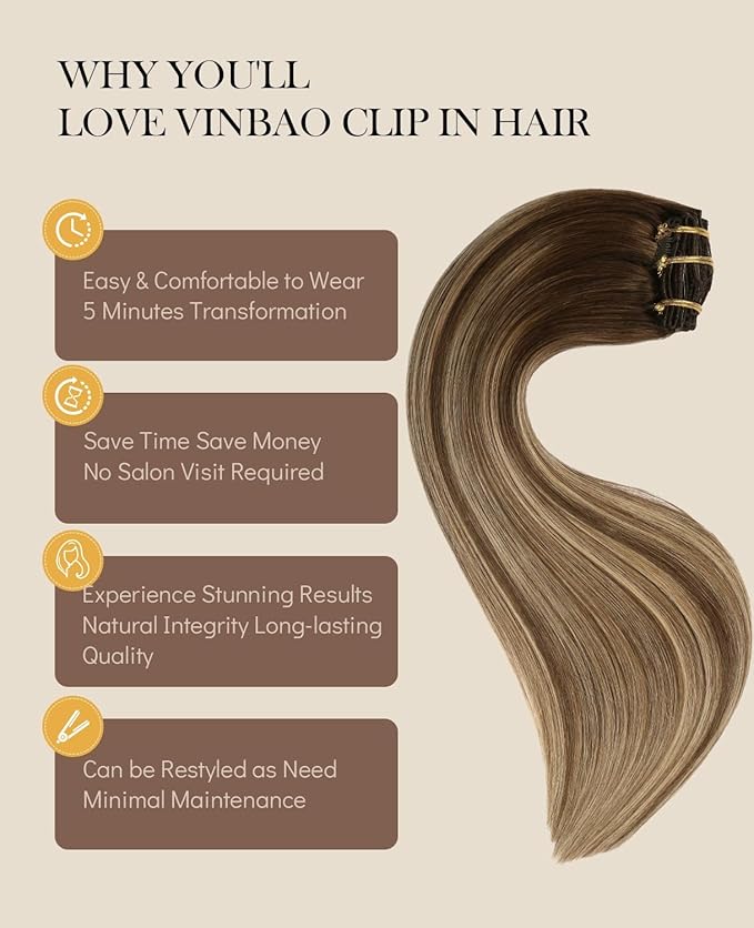 VINBAO Human Hair Extensions Clip in Balayage Chocolate Brown to Caramel Blonde 14 Inch 100g 6pcs Remy Clip in Hair Extensions Real Human Hair Straight Thick (#4/27/4, 14'')