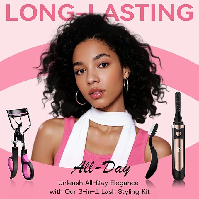 Christmas Gifts for Women，Mpotmiy 3-in-1 Heated Eyelash Curler Kit,Eyelash curlers &Folding Eyelash Comb,24 Hours Long Lasting Natural Curl,Anti-Burn,Non-Slip Finger Grips,izador de pestañas