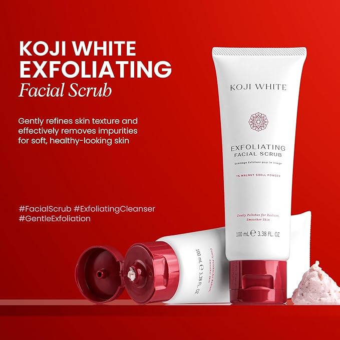 Koji White Exfoliating Facial Scrub, Gentle Face Wash with 1% Walnut Shell Powder, AHA, Kojic Acid Dipalmitate & Hyaluronic Acid | Hydrating, Unscented, Vegan, 100ml (3.38 Fl Oz)