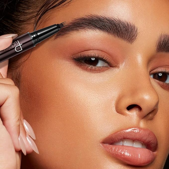 Pudaier 2-in-1 Curved Eyebrow Pen & Eyeliner with 10Pcs Brow Stencils, Microblading Eyebrow Pencil, Waterproof & Long Lasting, Cool Brown